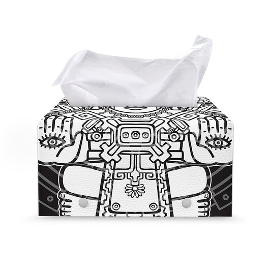 Blue And White Mayan Statue Print Leather Tissue Box Cover
