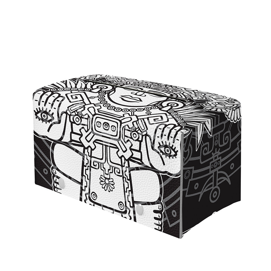 Blue And White Mayan Statue Print Leather Tissue Box Cover