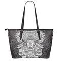 Blue And White Mayan Statue Print Leather Tote Bag With Zipper