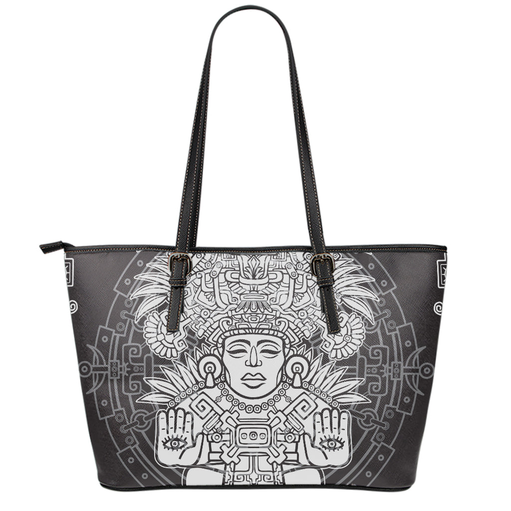Blue And White Mayan Statue Print Leather Tote Bag
