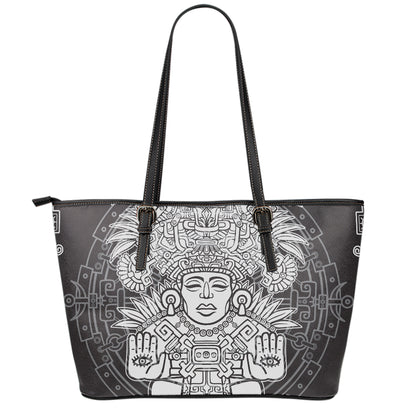 Blue And White Mayan Statue Print Leather Tote Bag