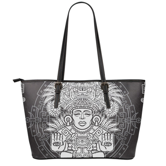 Blue And White Mayan Statue Print Leather Tote Bag