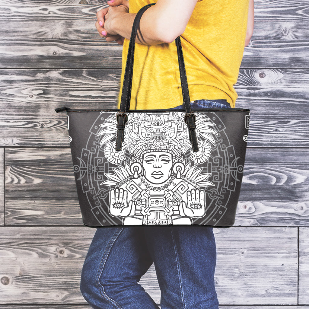 Blue And White Mayan Statue Print Leather Tote Bag