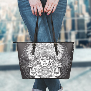 Blue And White Mayan Statue Print Leather Tote Bag