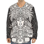 Blue And White Mayan Statue Print Long Sleeve Baseball Jersey