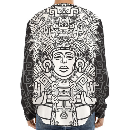Blue And White Mayan Statue Print Long Sleeve Baseball Jersey