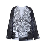 Blue And White Mayan Statue Print Long Sleeve Short Coat