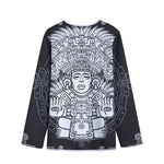Blue And White Mayan Statue Print Long Sleeve Short Coat