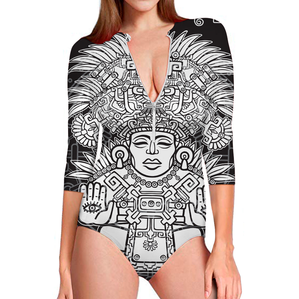 Blue And White Mayan Statue Print Long Sleeve Swimsuit