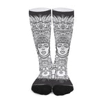Blue And White Mayan Statue Print Long Socks