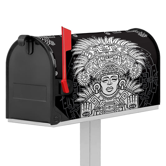 Blue And White Mayan Statue Print Mailbox Cover