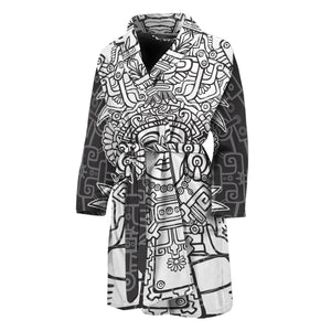 Blue And White Mayan Statue Print Men's Bathrobe