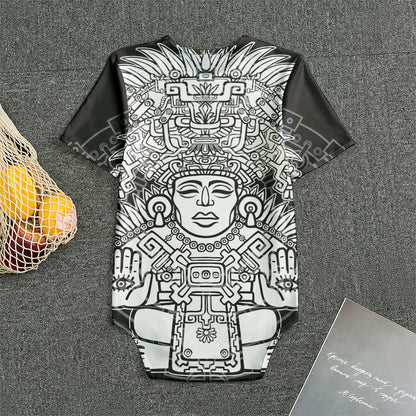 Blue And White Mayan Statue Print Men's Bodysuit