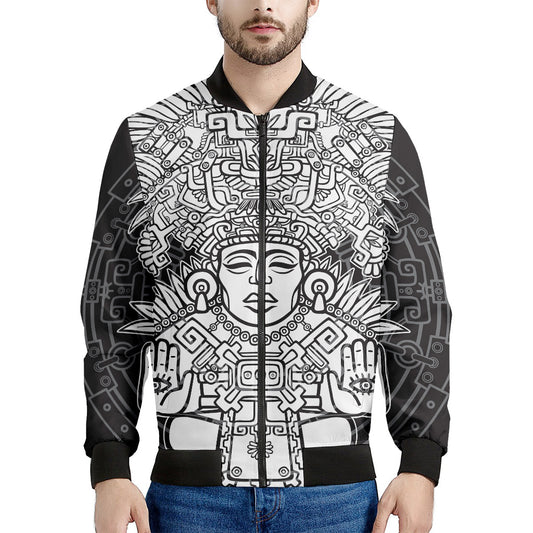 Blue And White Mayan Statue Print Men's Bomber Jacket