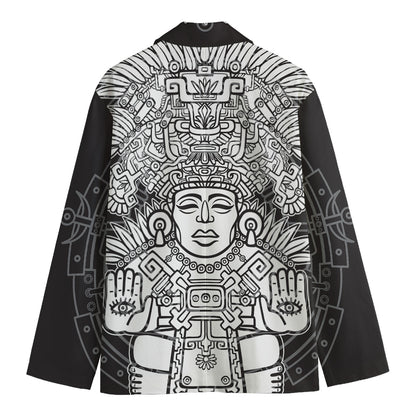 Blue And White Mayan Statue Print Men's Cotton Blazer