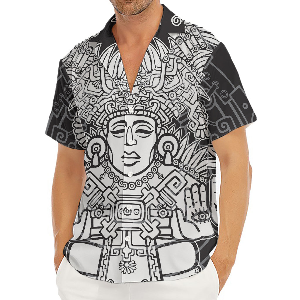 Blue And White Mayan Statue Print Men's Deep V-Neck Shirt