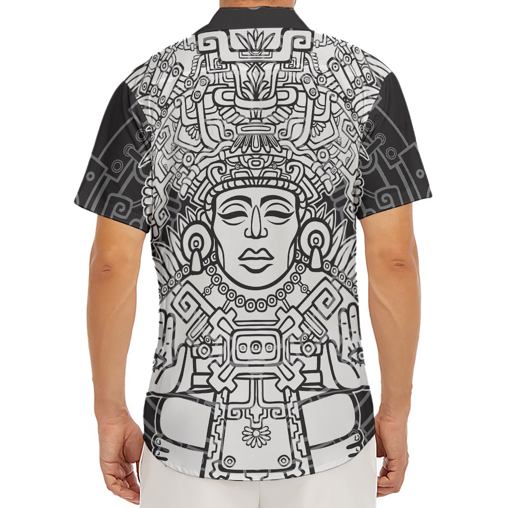 Blue And White Mayan Statue Print Men's Deep V-Neck Shirt