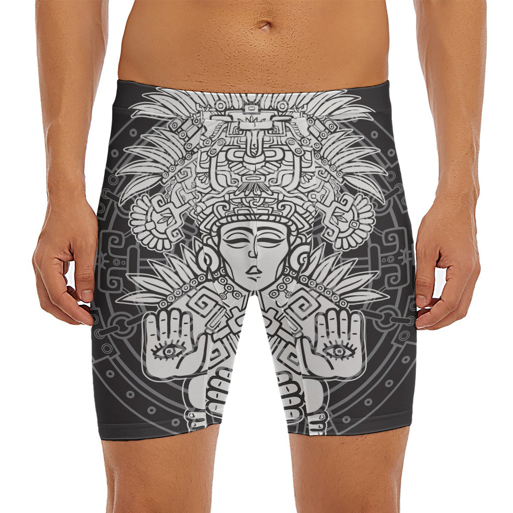 Blue And White Mayan Statue Print Men's Long Boxer Briefs