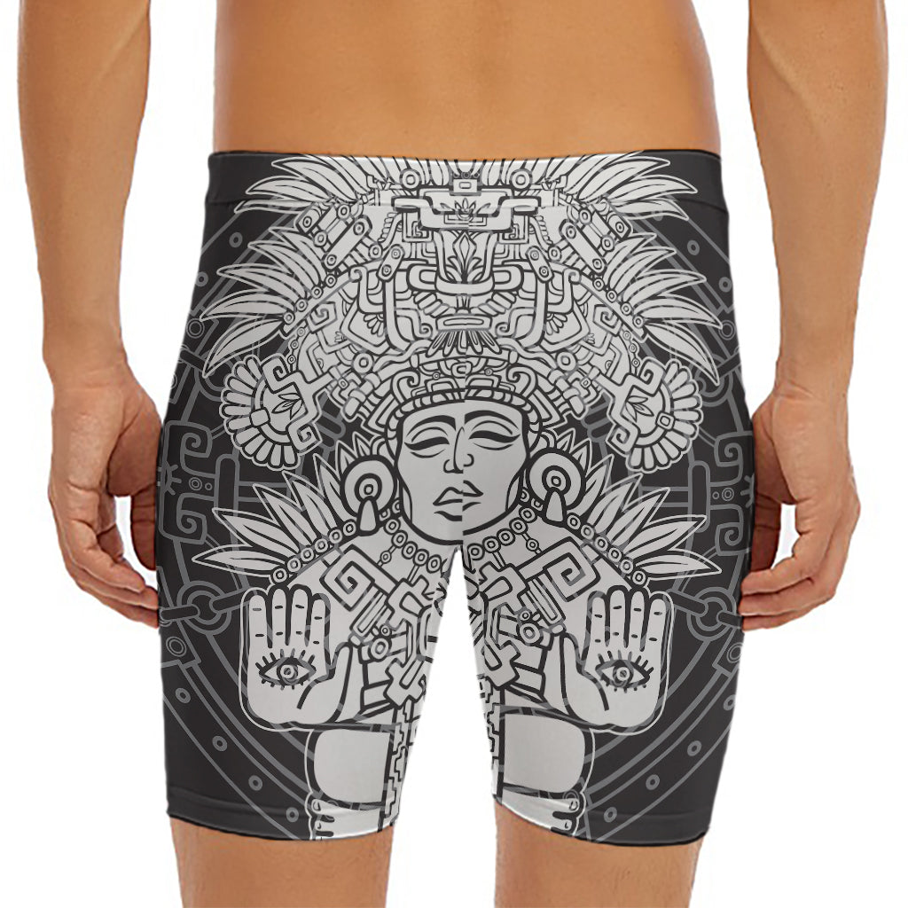 Blue And White Mayan Statue Print Men's Long Boxer Briefs