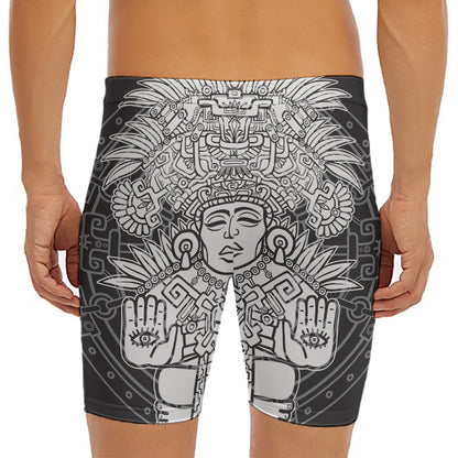 Blue And White Mayan Statue Print Men's Long Boxer Briefs