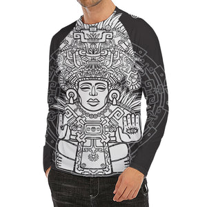 Blue And White Mayan Statue Print Men's Long Sleeve Rash Guard