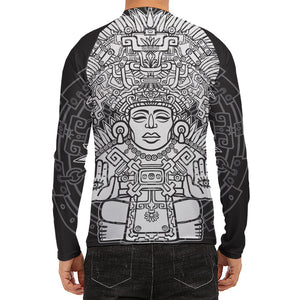 Blue And White Mayan Statue Print Men's Long Sleeve Rash Guard