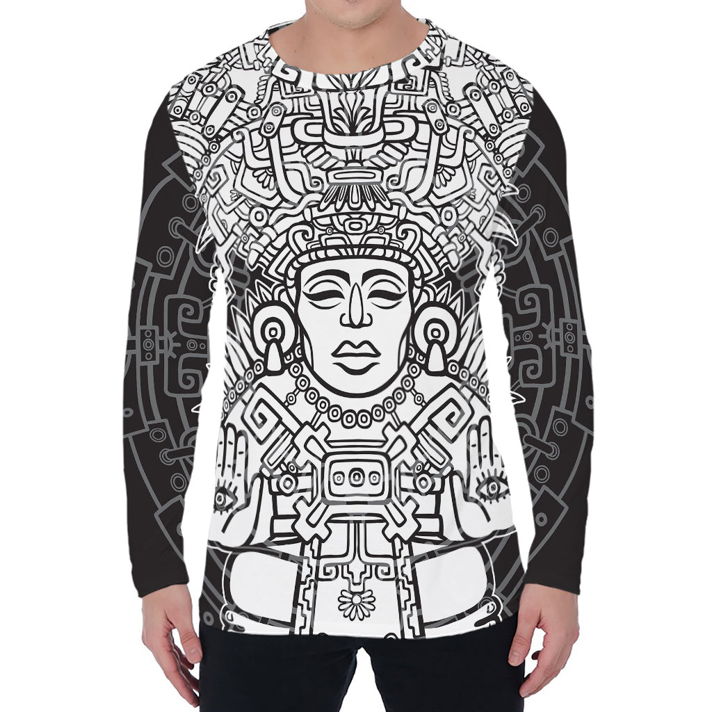Blue And White Mayan Statue Print Men's Long Sleeve T-Shirt