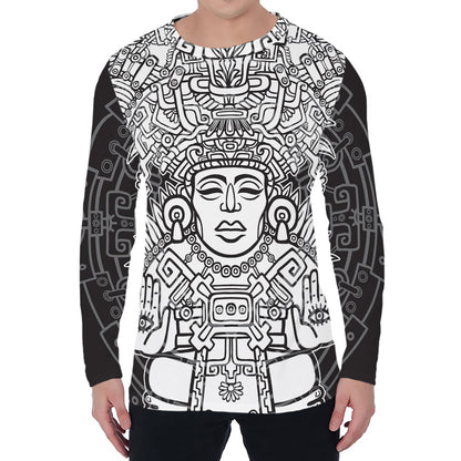 Blue And White Mayan Statue Print Men's Long Sleeve T-Shirt