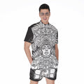 Blue And White Mayan Statue Print Men's Romper