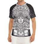 Blue And White Mayan Statue Print Men's Short Sleeve Rash Guard