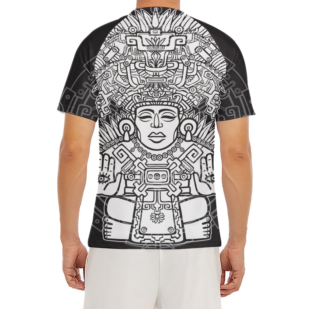 Blue And White Mayan Statue Print Men's Short Sleeve Rash Guard