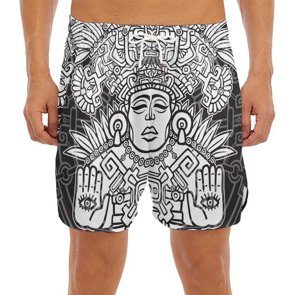 Blue And White Mayan Statue Print Men's Split Running Shorts
