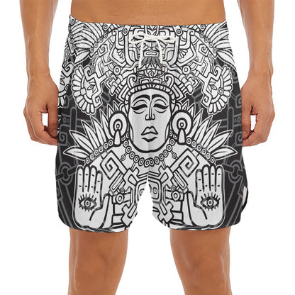 Blue And White Mayan Statue Print Men's Split Running Shorts