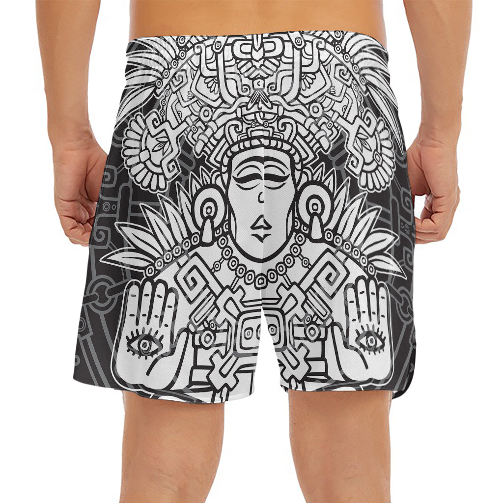 Blue And White Mayan Statue Print Men's Split Running Shorts