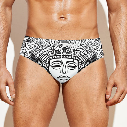 Blue And White Mayan Statue Print Men's Swim Briefs