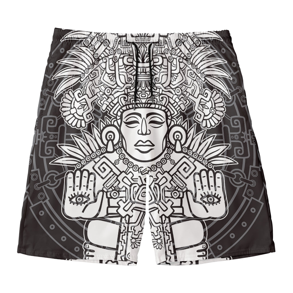 Blue And White Mayan Statue Print Men's Swim Trunks