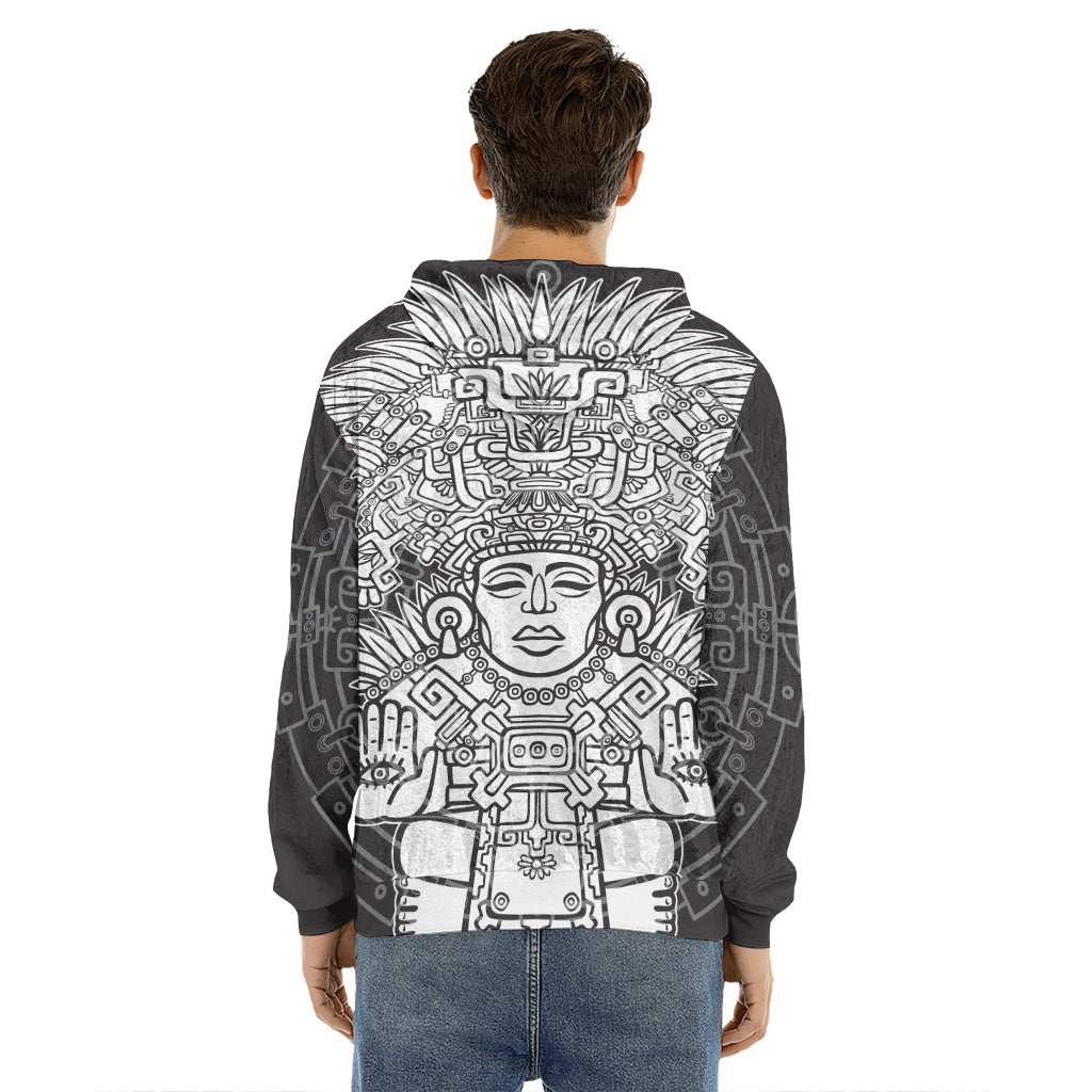 Blue And White Mayan Statue Print Men's Velvet Pullover Hoodie