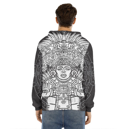 Blue And White Mayan Statue Print Men's Velvet Pullover Hoodie
