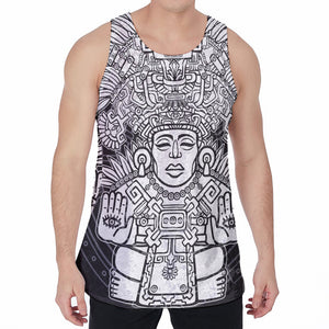 Blue And White Mayan Statue Print Men's Velvet Tank Top