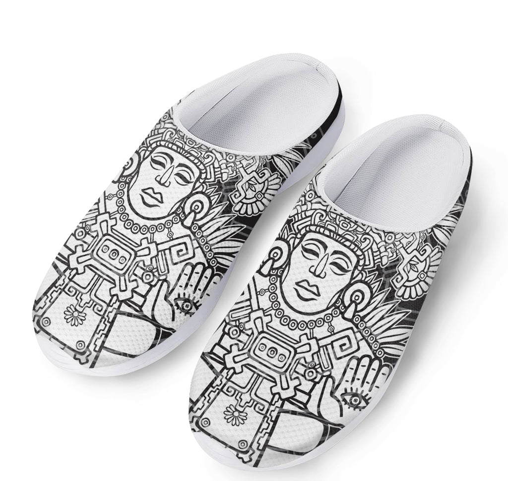 Blue And White Mayan Statue Print Mesh Casual Shoes