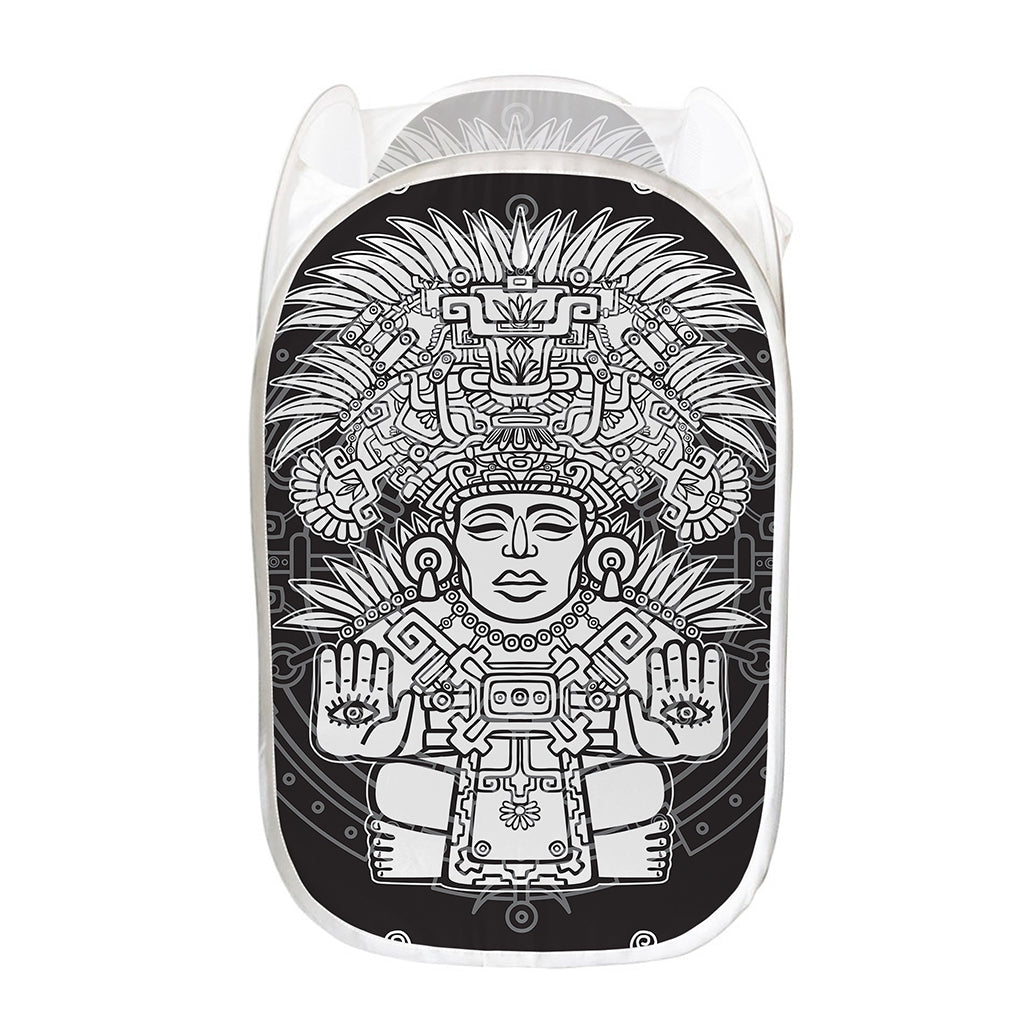 Blue And White Mayan Statue Print Mesh Laundry Hamper