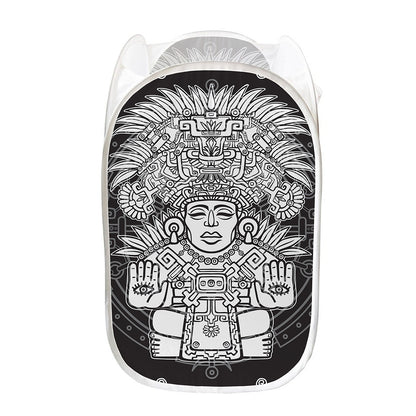 Blue And White Mayan Statue Print Mesh Laundry Hamper