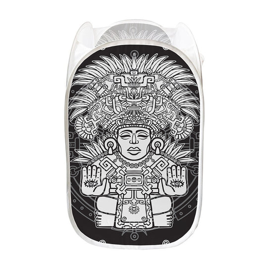 Blue And White Mayan Statue Print Mesh Laundry Hamper