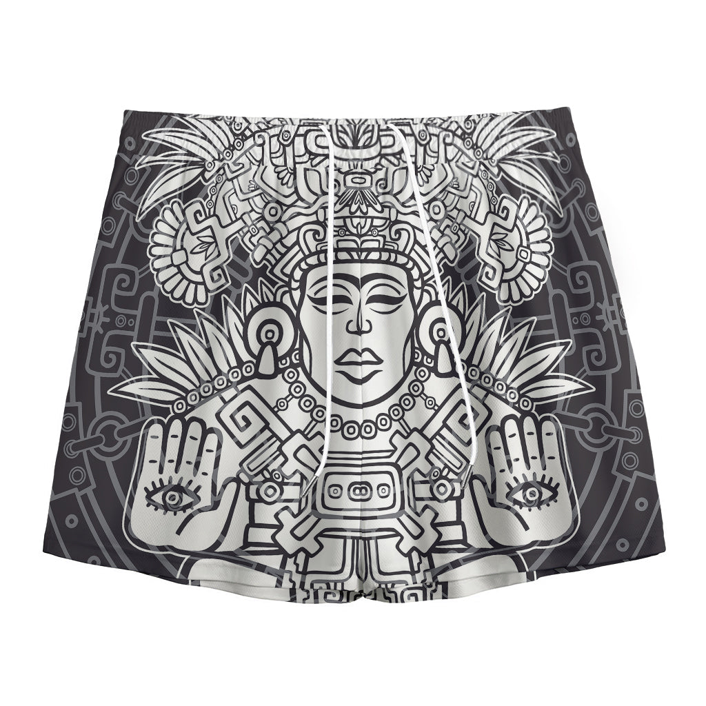 Blue And White Mayan Statue Print Mesh Shorts