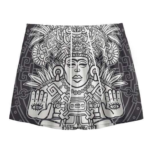 Blue And White Mayan Statue Print Mesh Shorts
