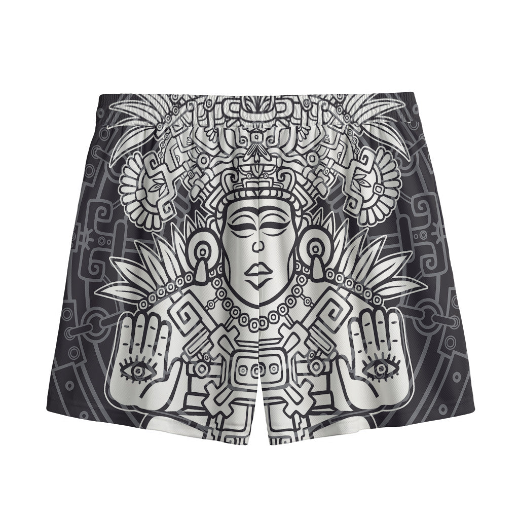 Blue And White Mayan Statue Print Mesh Shorts