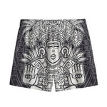 Blue And White Mayan Statue Print Mesh Shorts