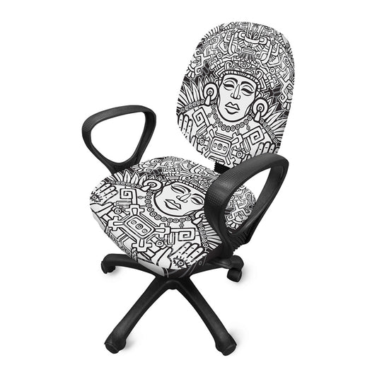 Blue And White Mayan Statue Print Office Chair Cover