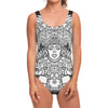 Blue And White Mayan Statue Print One Piece Swimsuit