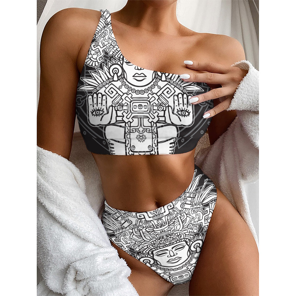Blue And White Mayan Statue Print One Shoulder Bikini Top